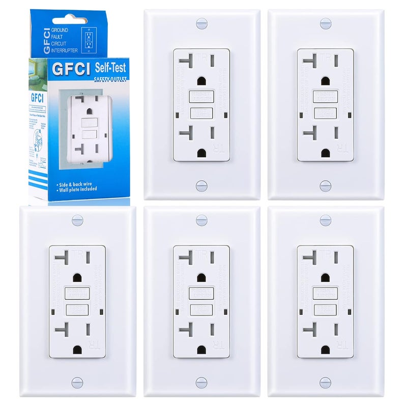 3GRACE 20 Amp GFCI Outlet, Tamper-Resistant GFI Receptacle with LED Indicator, Self-Test Ground Fault Circuit Interrupter, Decorator Wall Plates and Screws Included, UL Listed, White（5 Pack） - Image 1